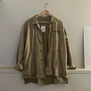 Free People Embellished Military Shirt Jacket Army Beaded Patch Green size: m